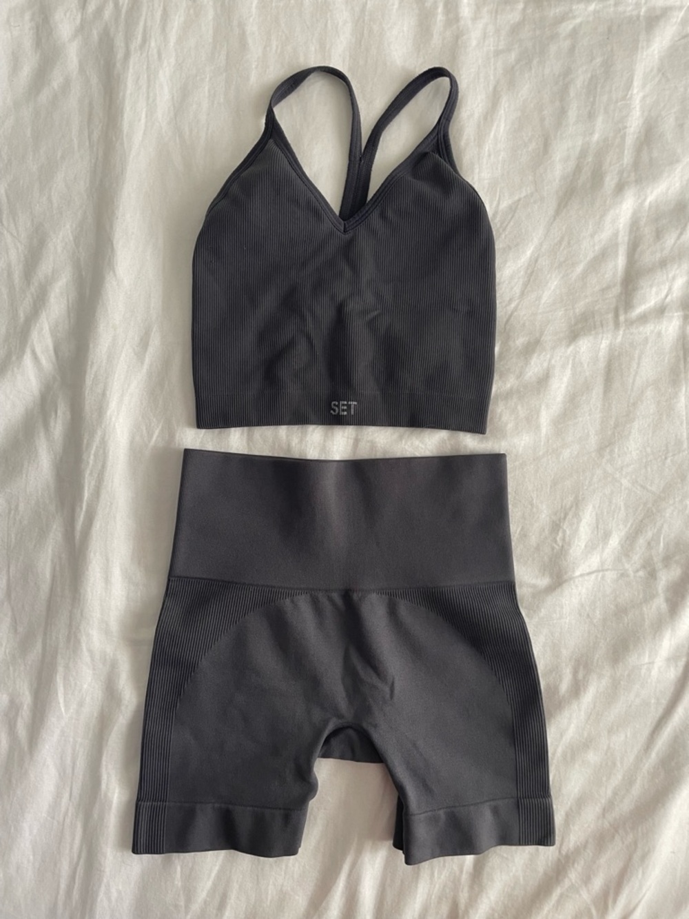 SET Active Dark Gray Ribbed V-Neck sports bra & High-Waist Shorts Set